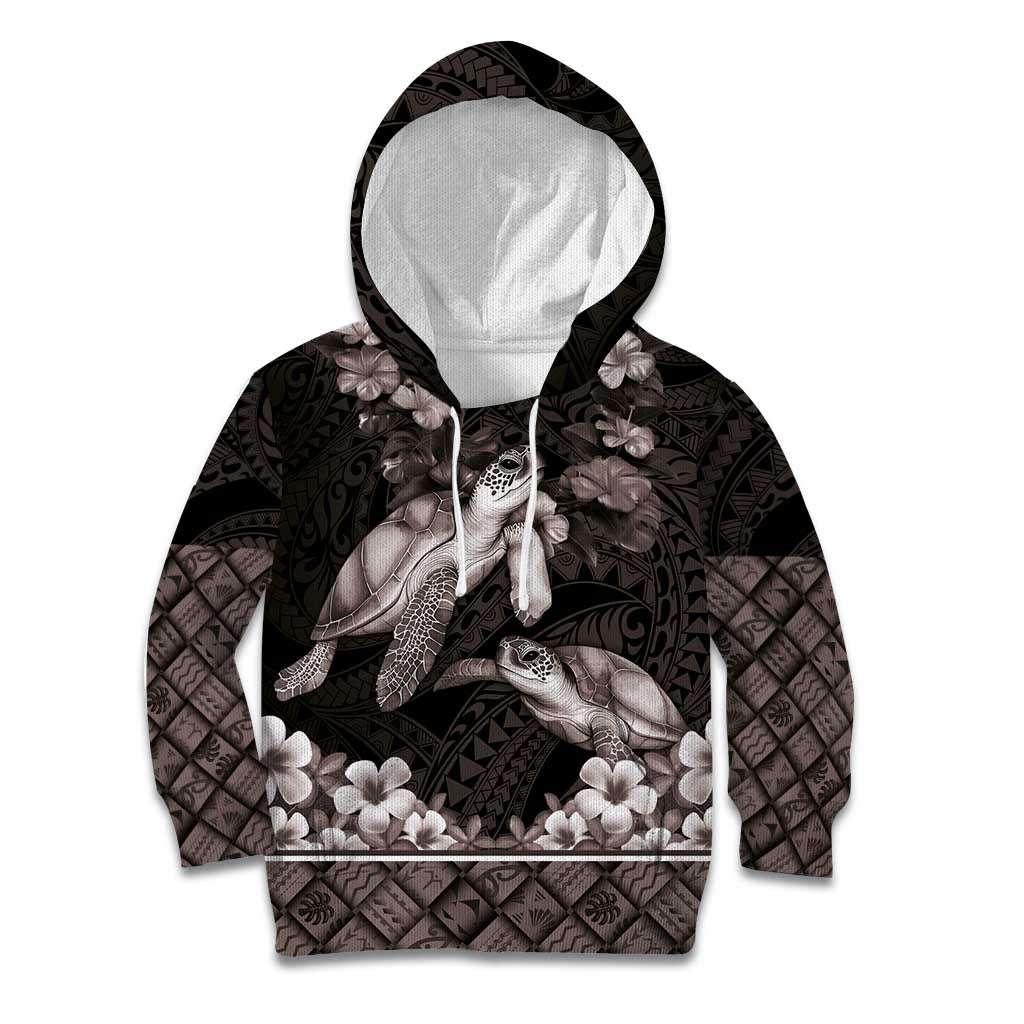Hawaiian Lei Turtle and Plumeria Kid Hoodie Polynerian Art Tattoo-Grayscale Mode