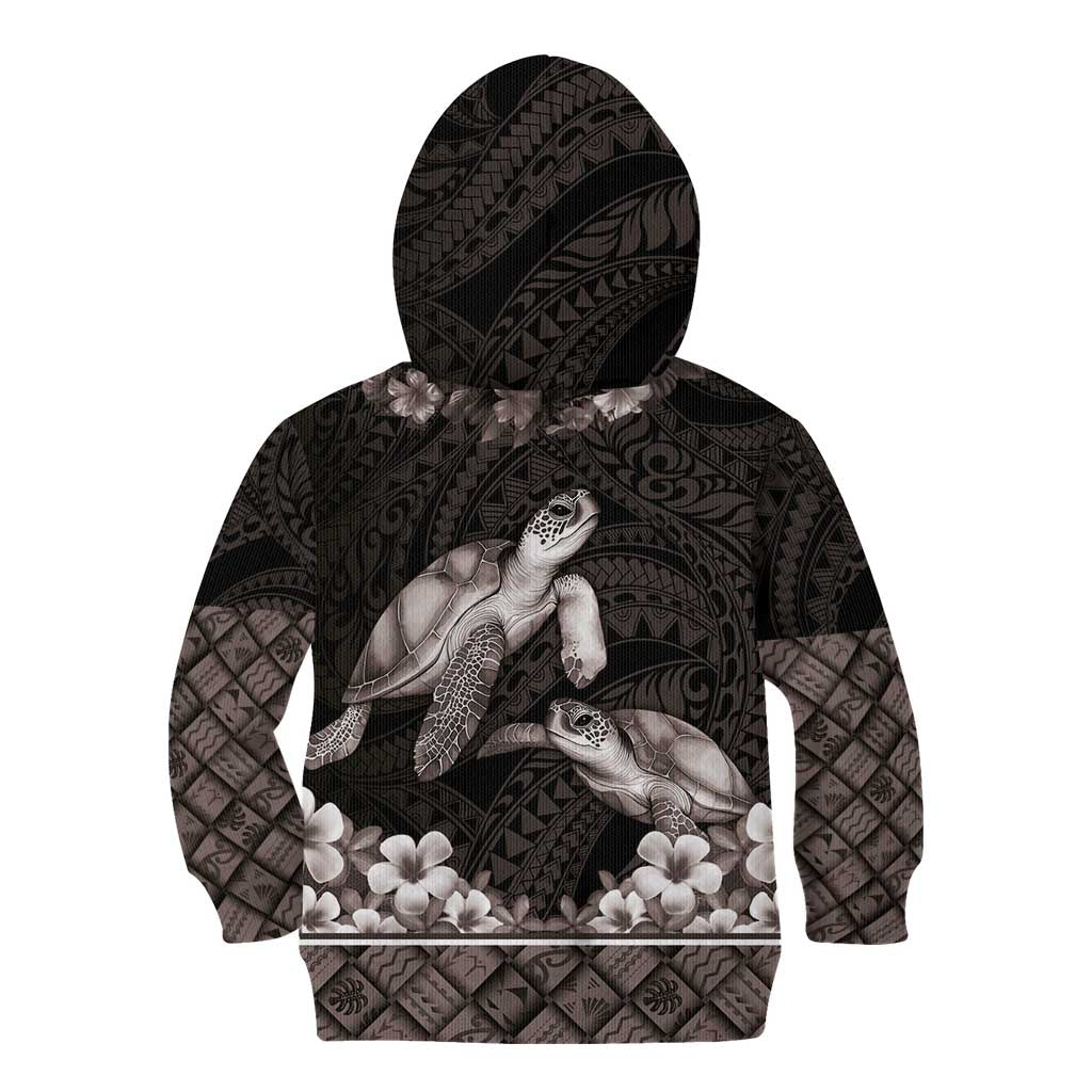Hawaiian Lei Turtle and Plumeria Kid Hoodie Polynerian Art Tattoo-Grayscale Mode