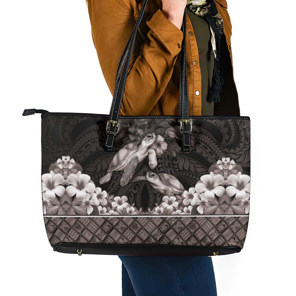 Hawaiian Lei Turtle and Plumeria Leather Tote Bag Polynerian Art Tattoo-Grayscale Mode