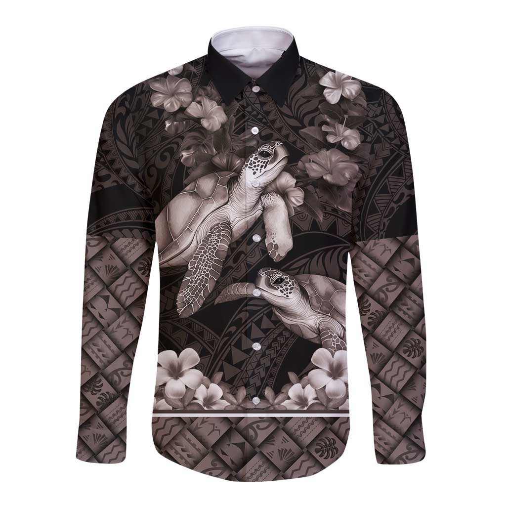 Hawaiian Lei Turtle and Plumeria Long Sleeve Button Shirt Polynerian Art Tattoo-Grayscale Mode