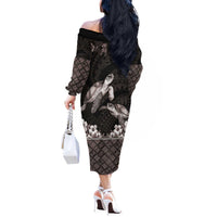 Hawaiian Lei Turtle and Plumeria Off The Shoulder Long Sleeve Dress Polynerian Art Tattoo-Grayscale Mode