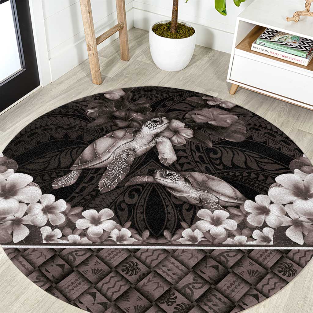 Hawaiian Lei Turtle and Plumeria Round Carpet Polynerian Art Tattoo-Grayscale Mode