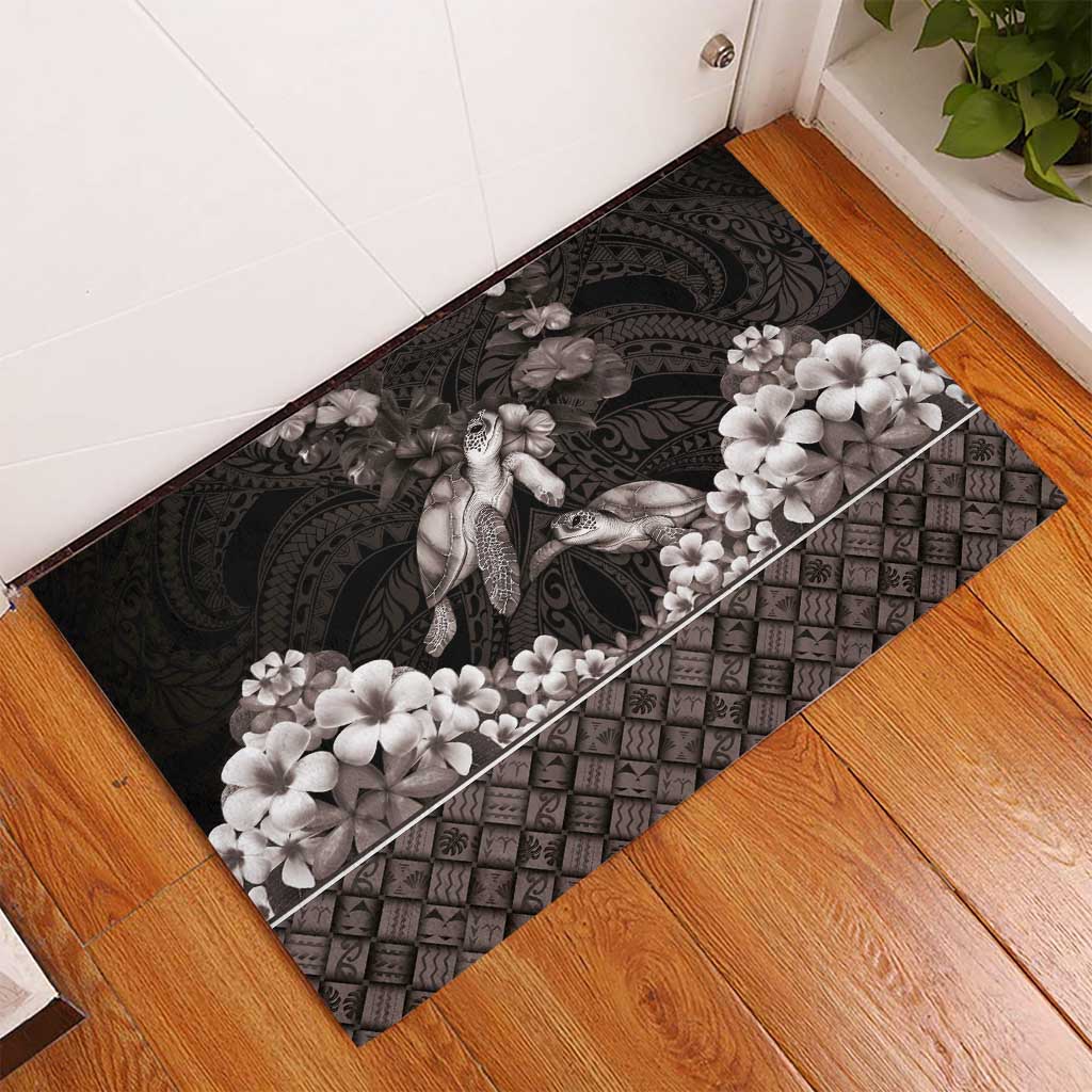 Hawaiian Lei Turtle and Plumeria Rubber Doormat Polynerian Art Tattoo-Grayscale Mode