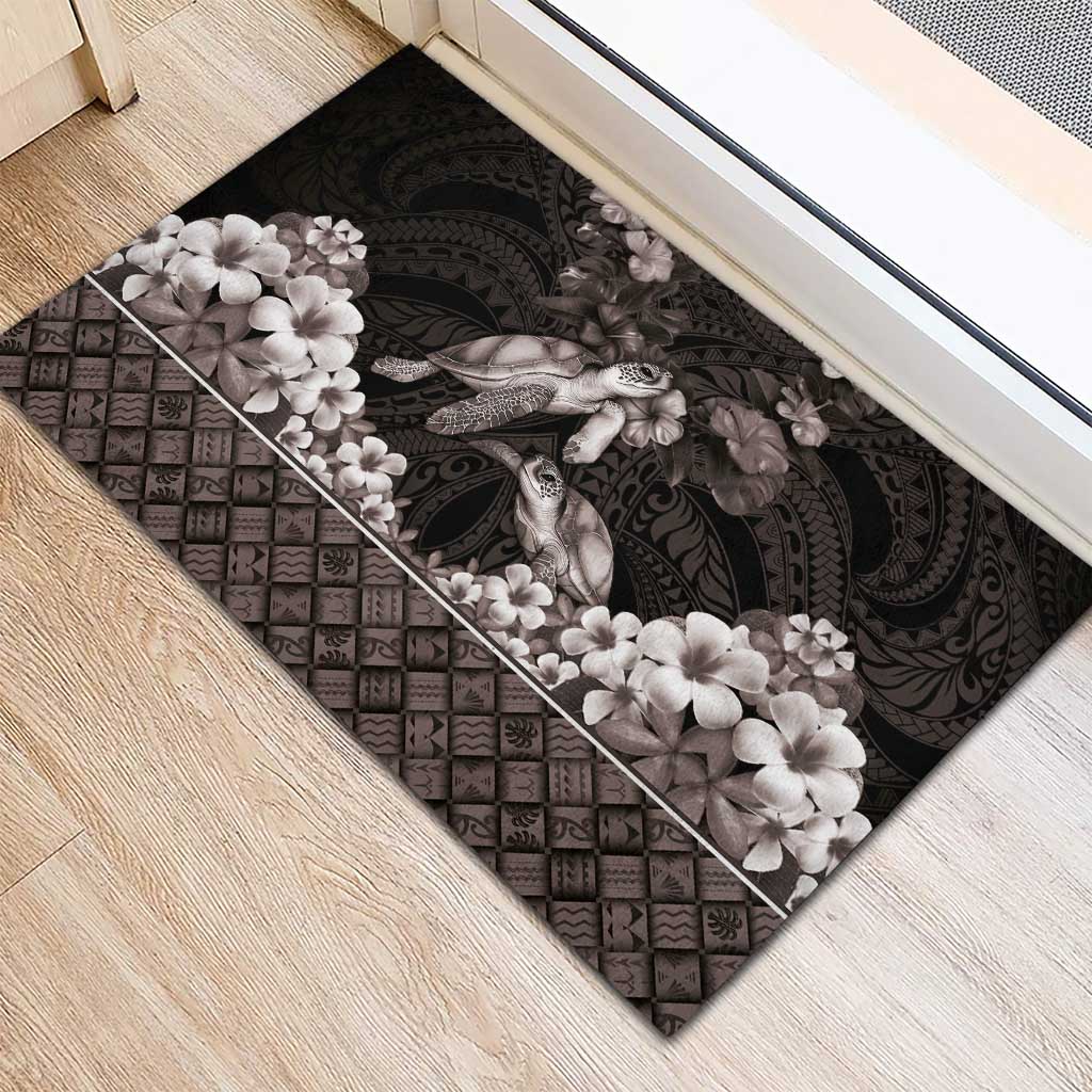 Hawaiian Lei Turtle and Plumeria Rubber Doormat Polynerian Art Tattoo-Grayscale Mode