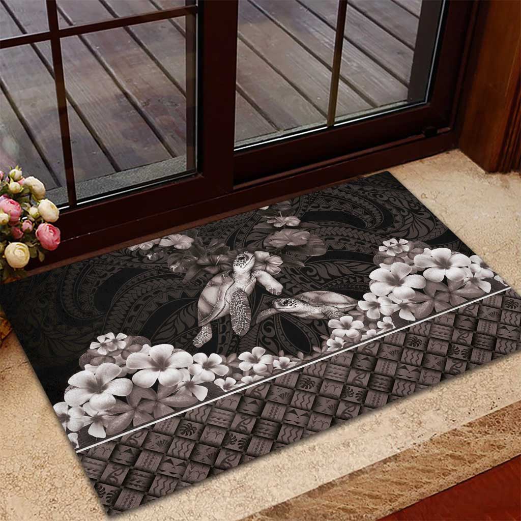 Hawaiian Lei Turtle and Plumeria Rubber Doormat Polynerian Art Tattoo-Grayscale Mode