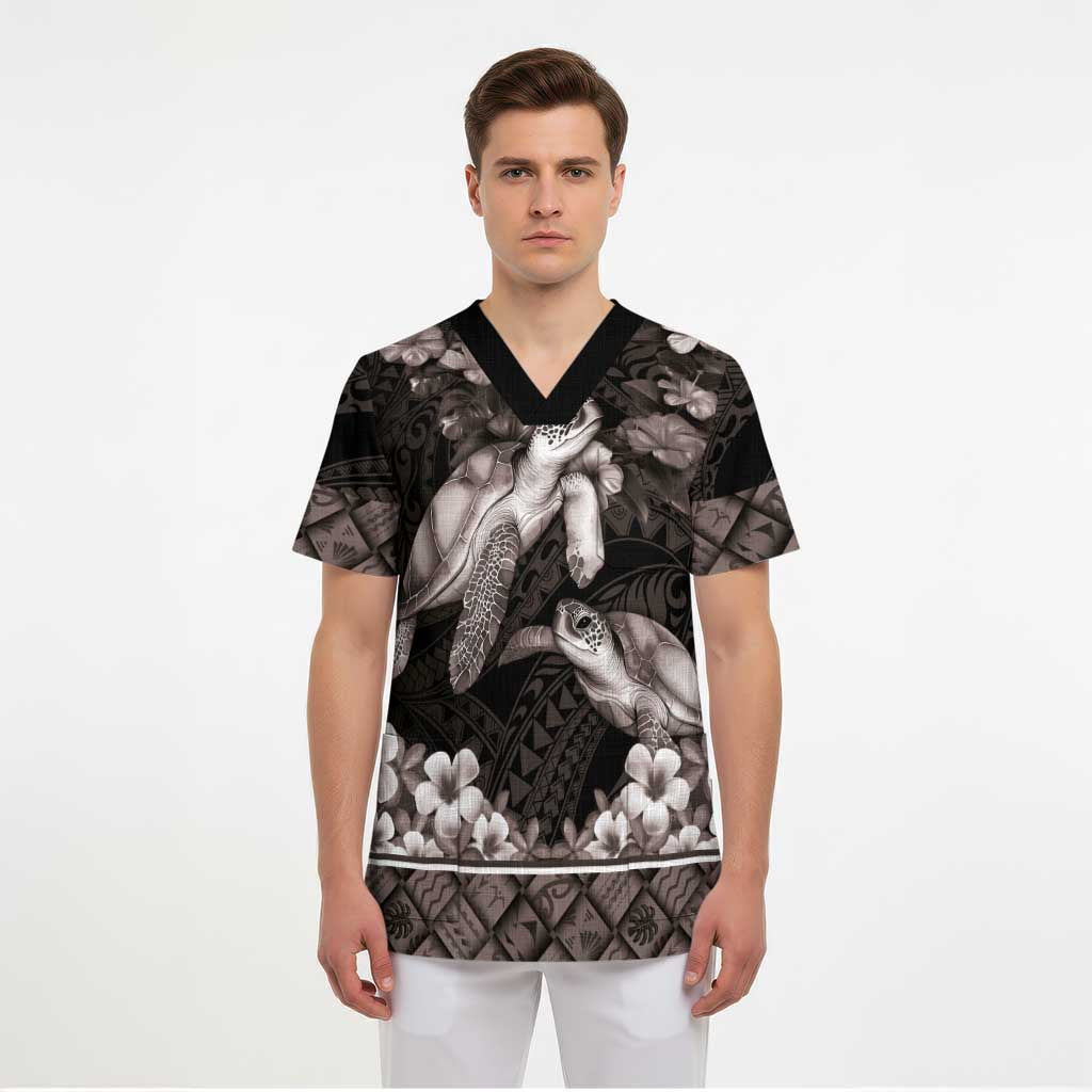 Hawaiian Lei Turtle and Plumeria Scrub Top Polynerian Art Tattoo-Grayscale Mode - Polynesian Pride