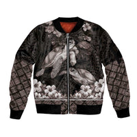 Hawaiian Lei Turtle and Plumeria Sleeve Zip Bomber Jacket Polynerian Art Tattoo-Grayscale Mode