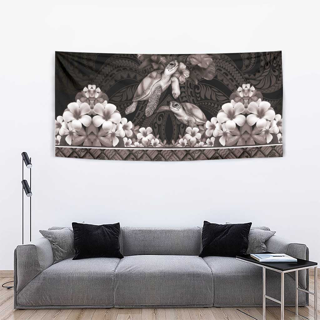 Hawaiian Lei Turtle and Plumeria Tapestry Polynerian Art Tattoo-Grayscale Mode