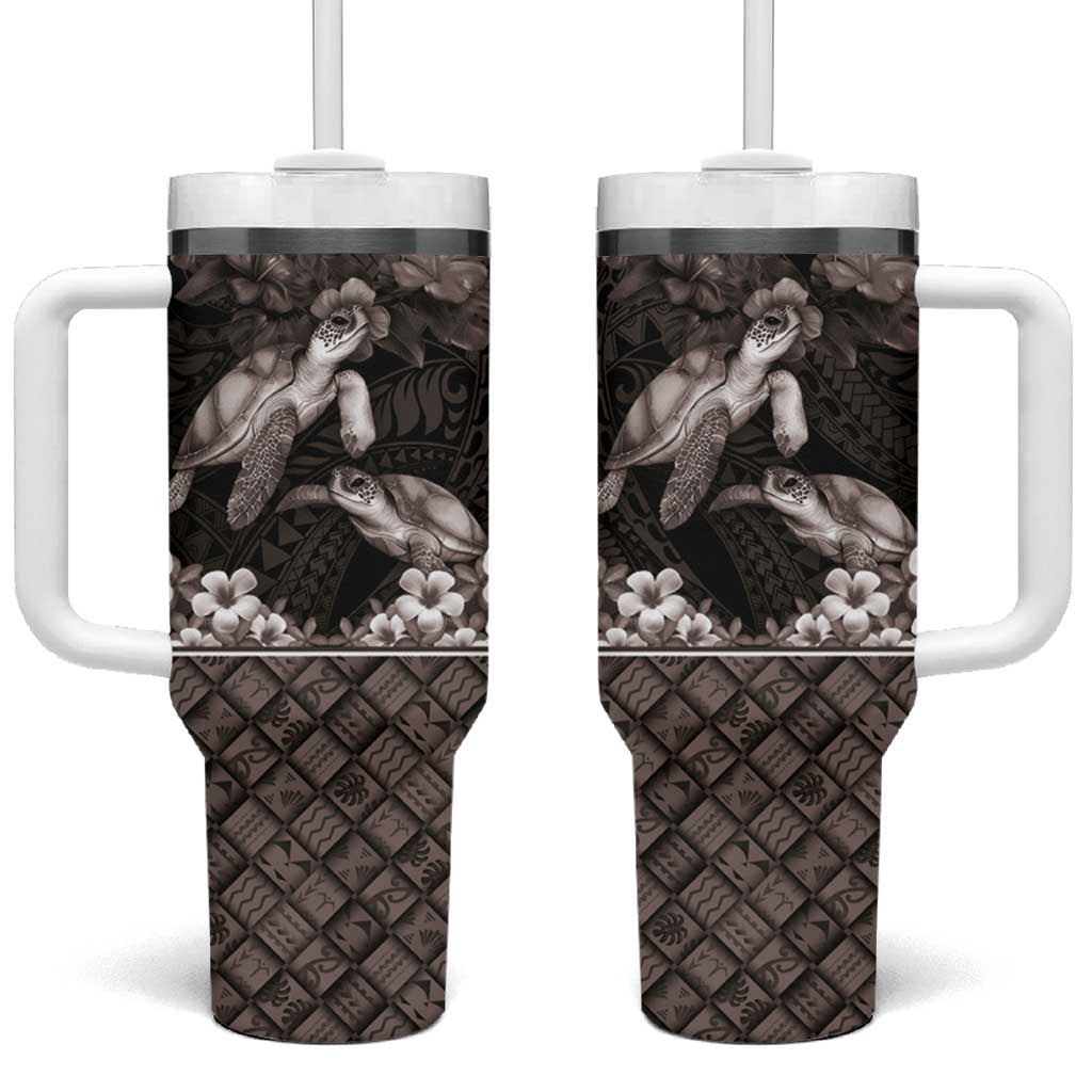 Hawaiian Lei Turtle and Plumeria Tumbler With Handle Polynerian Art Tattoo-Grayscale Mode