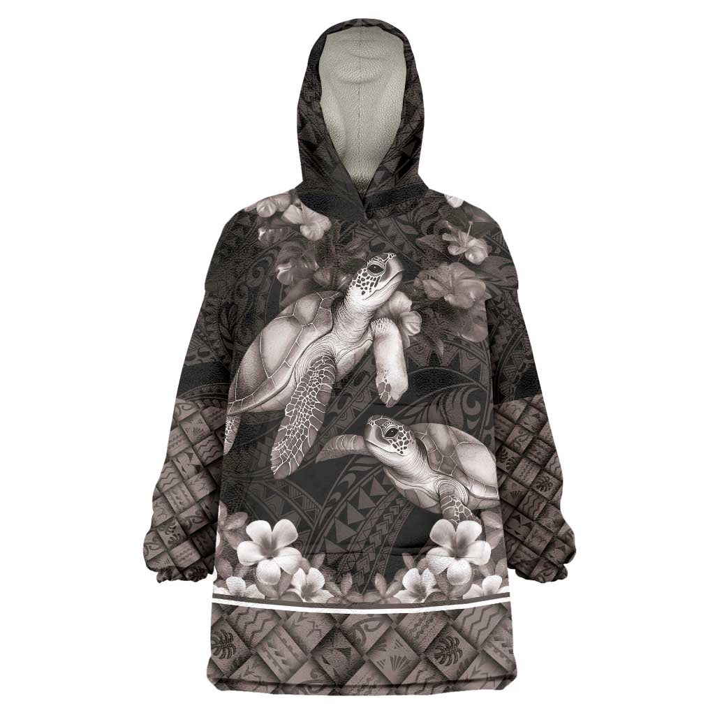 Hawaiian Lei Turtle and Plumeria Wearable Blanket Hoodie Polynerian Art Tattoo-Grayscale Mode