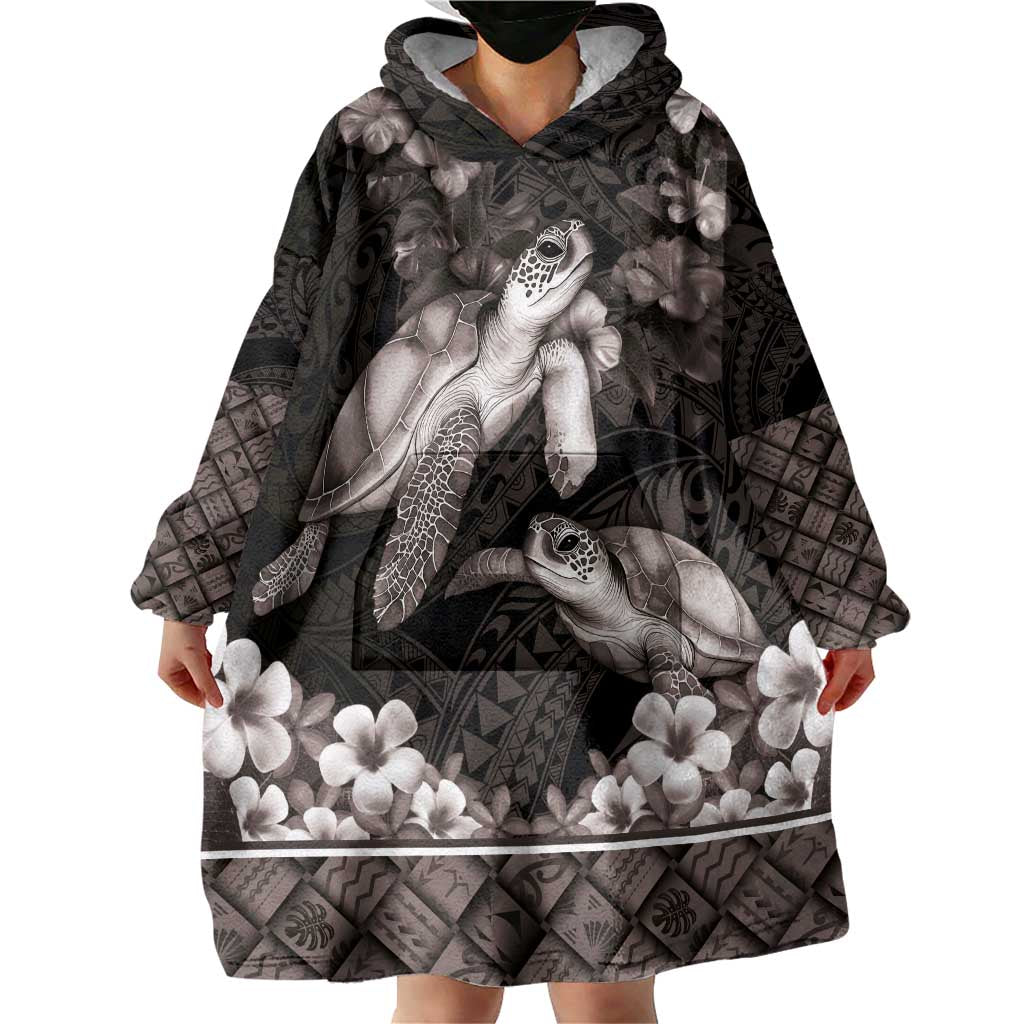 Hawaiian Lei Turtle and Plumeria Wearable Blanket Hoodie Polynerian Art Tattoo-Grayscale Mode