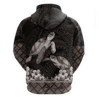 Hawaiian Lei Turtle and Plumeria Zip Hoodie Polynerian Art Tattoo-Grayscale Mode