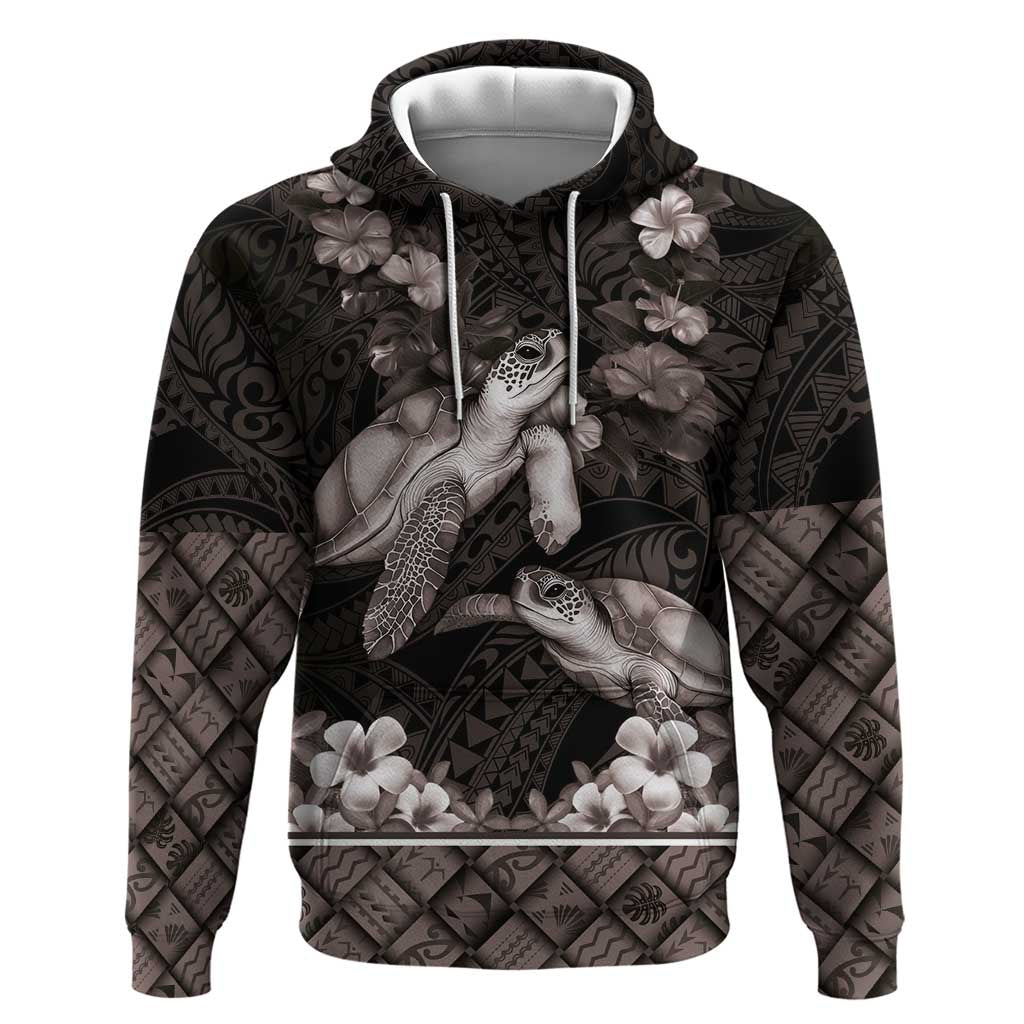 Hawaiian Lei Turtle and Plumeria Zip Hoodie Polynerian Art Tattoo-Grayscale Mode
