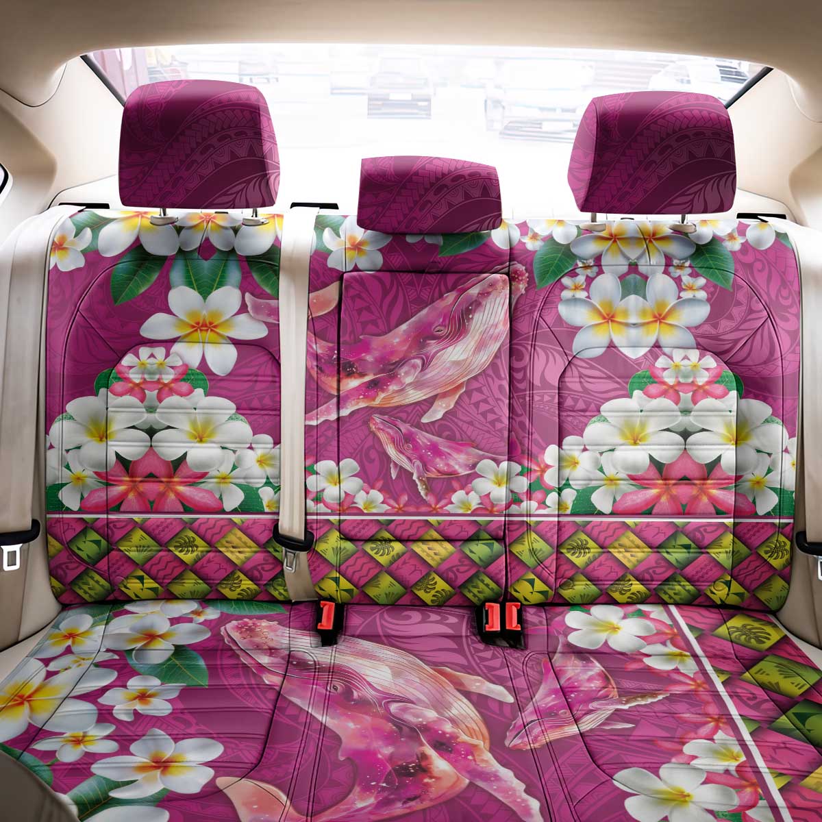 Hawaiian Plumeria and Humpback Whales Back Car Seat Cover Polynerian Art Tattoo-Plum Pink Color