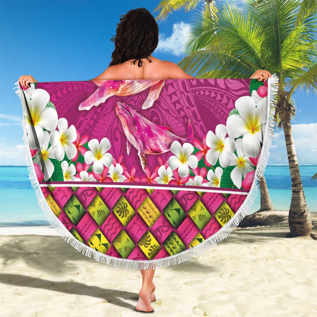 Hawaiian Plumeria and Humpback Whales Beach Blanket Polynerian Art Tattoo-Plum Pink Color