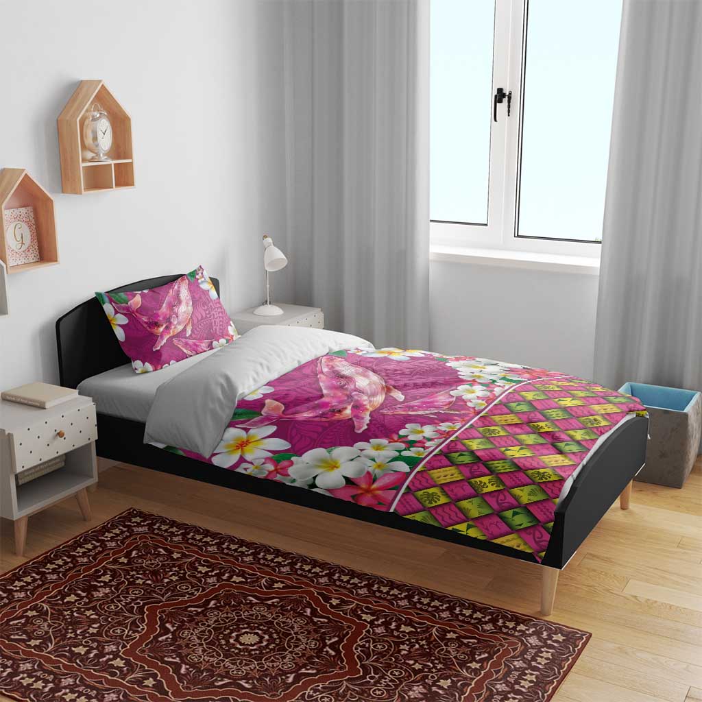 Hawaiian Plumeria and Humpback Whales Bedding Set Polynerian Art Tattoo-Plum Pink Color LT03 - Polynesian Pride