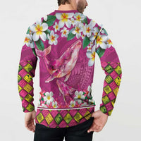 Hawaiian Plumeria and Humpback Whales Button Sweatshirt Polynerian Art Tattoo-Plum Pink Color