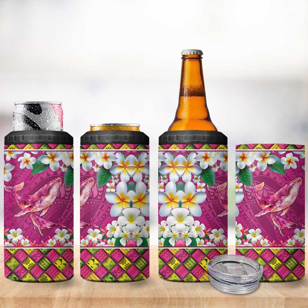 Hawaiian Plumeria and Humpback Whales 4 in 1 Can Cooler Tumbler Polynerian Art Tattoo-Plum Pink Color