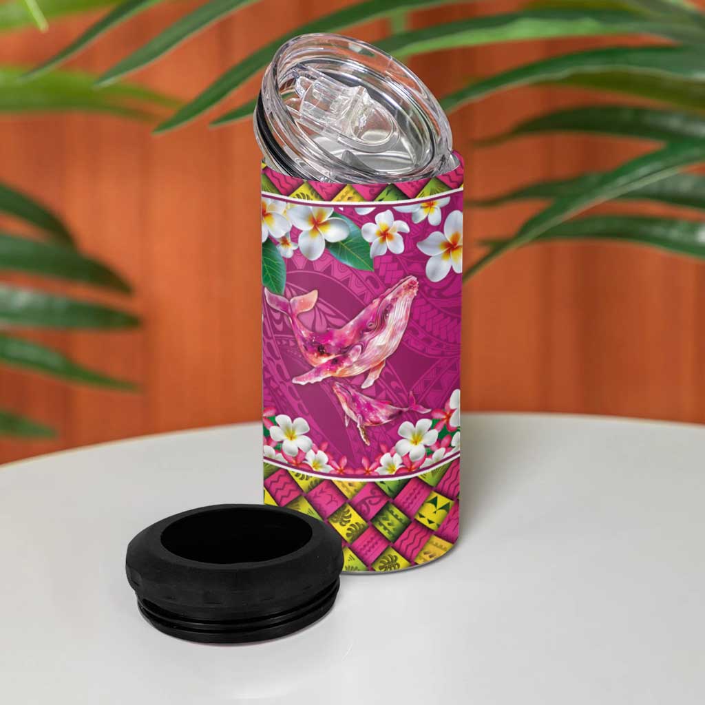 Hawaiian Plumeria and Humpback Whales 4 in 1 Can Cooler Tumbler Polynerian Art Tattoo-Plum Pink Color
