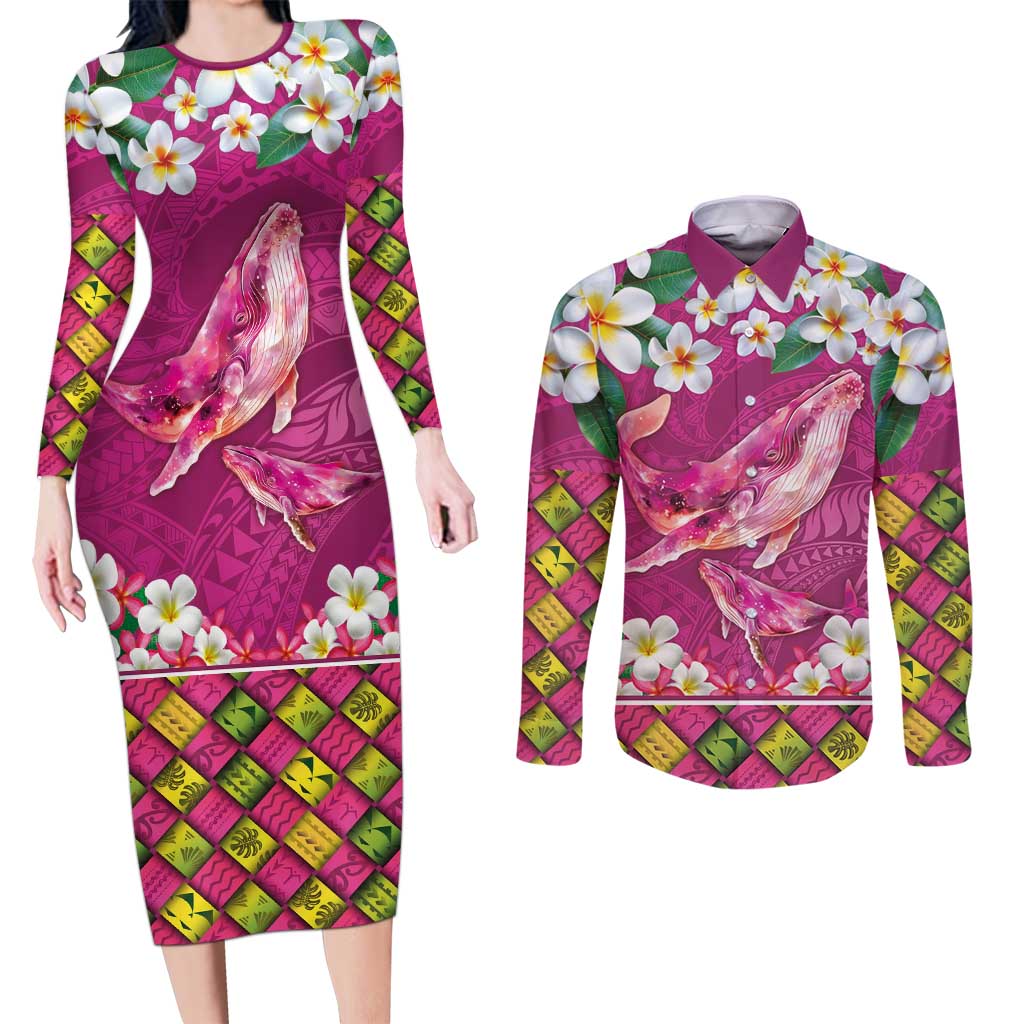 Hawaiian Plumeria and Humpback Whales Couples Matching Long Sleeve Bodycon Dress and Long Sleeve Button Shirt Polynerian Art Tattoo-Plum Pink Color