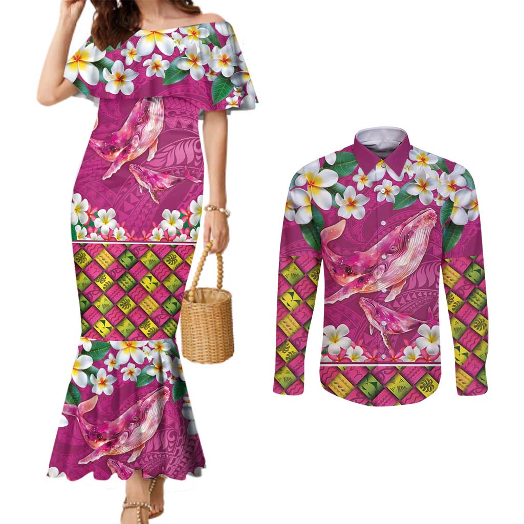 Hawaiian Plumeria and Humpback Whales Couples Matching Mermaid Dress and Long Sleeve Button Shirt Polynerian Art Tattoo-Plum Pink Color