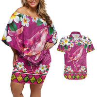 Hawaiian Plumeria and Humpback Whales Couples Matching Off Shoulder Short Dress and Hawaiian Shirt Polynerian Art Tattoo-Plum Pink Color