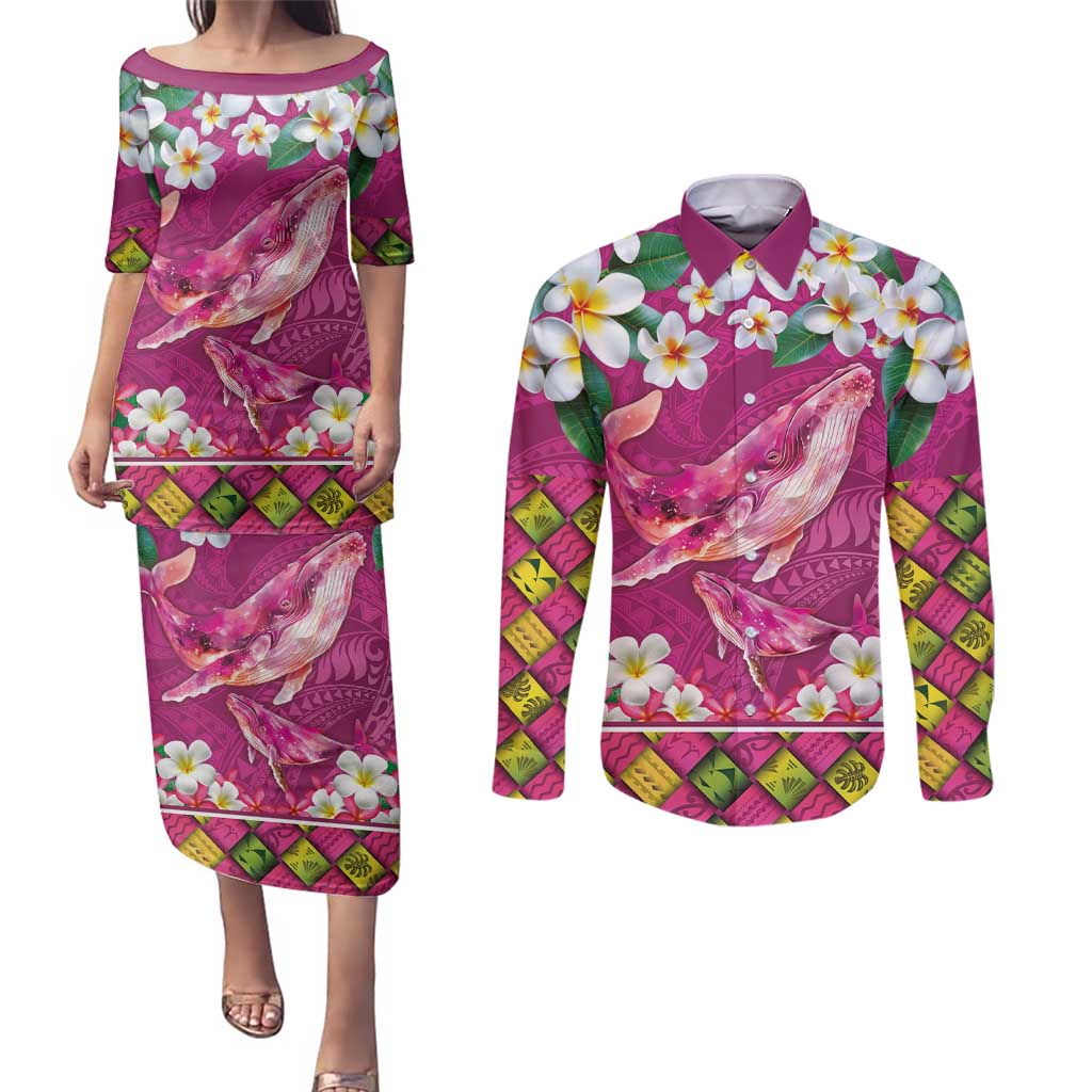 Hawaiian Plumeria and Humpback Whales Couples Matching Puletasi and Long Sleeve Button Shirt Polynerian Art Tattoo-Plum Pink Color