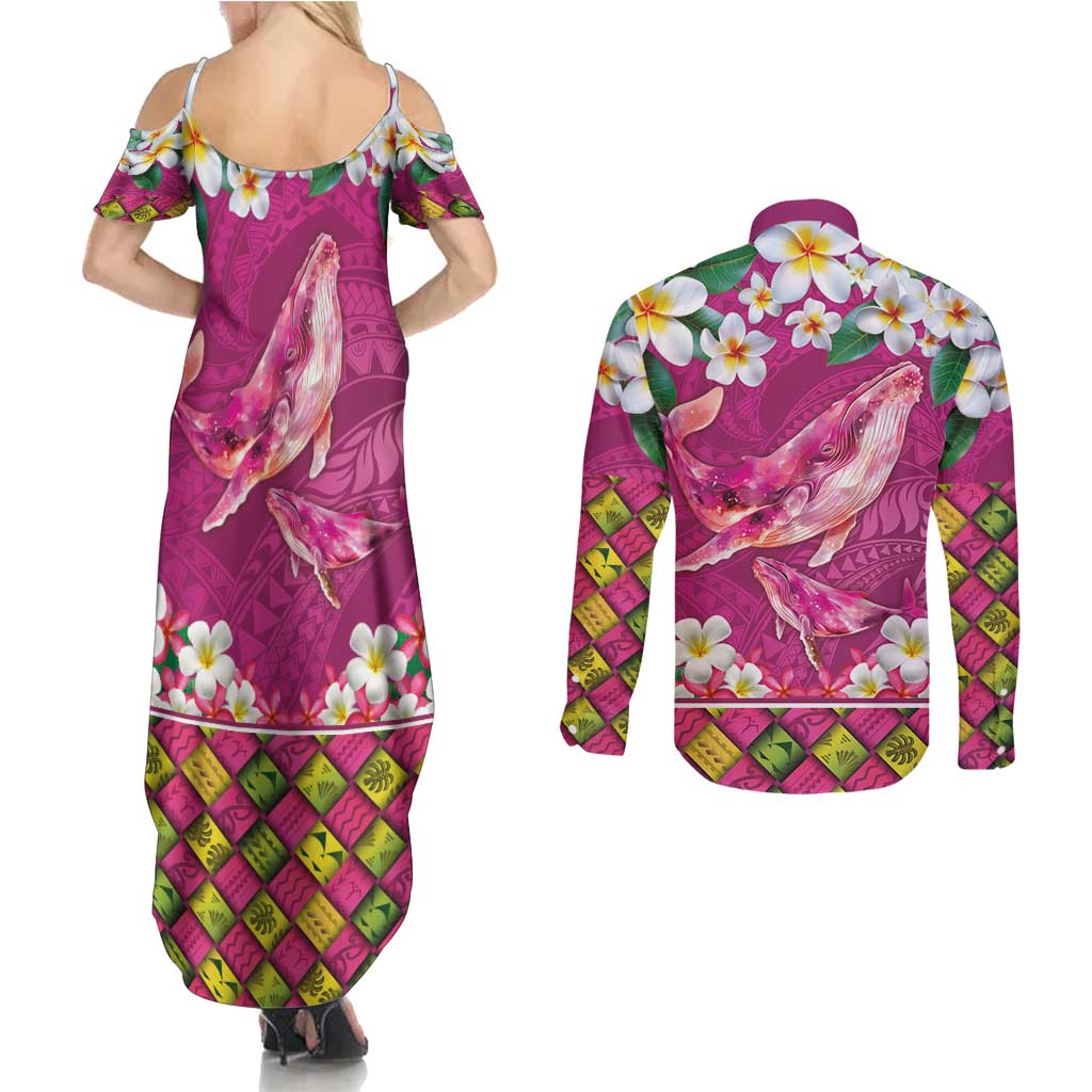 Hawaiian Plumeria and Humpback Whales Couples Matching Summer Maxi Dress and Long Sleeve Button Shirt Polynerian Art Tattoo-Plum Pink Color