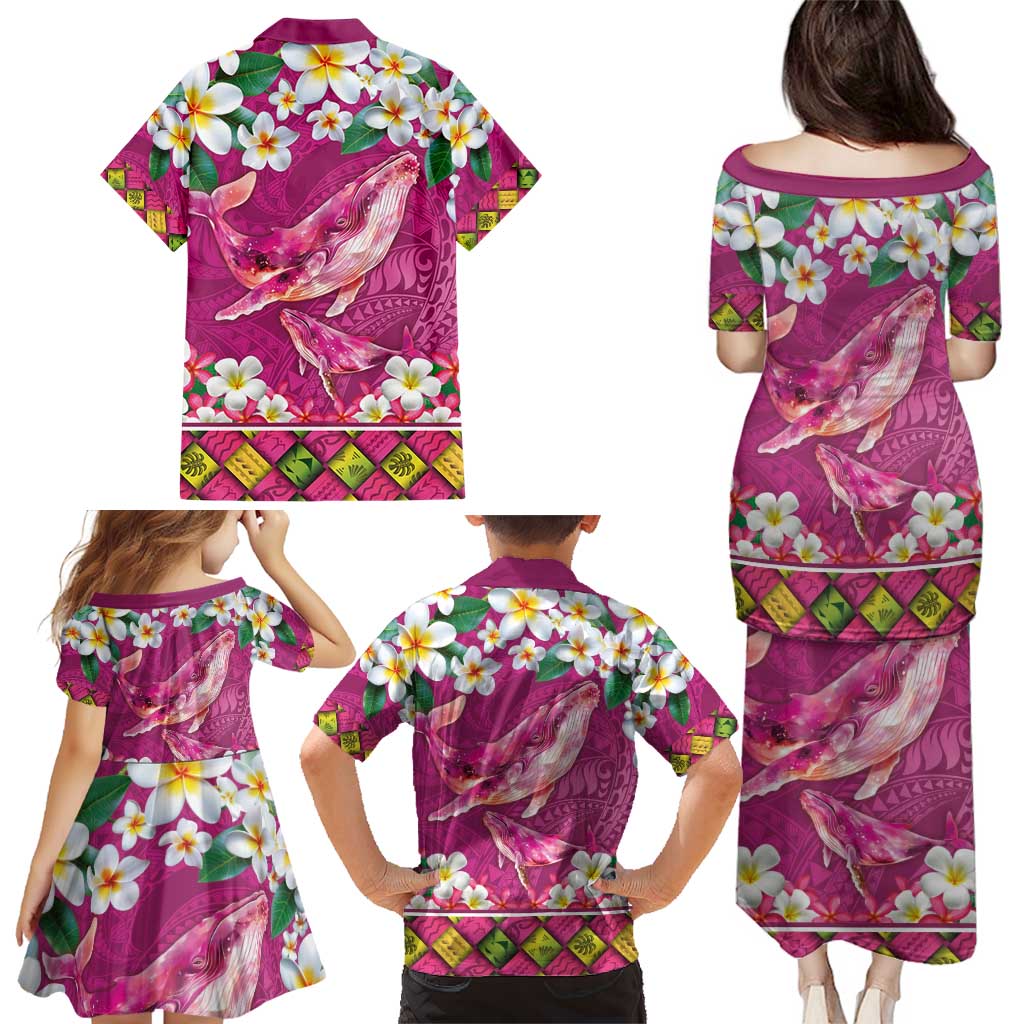 Hawaiian Plumeria and Humpback Whales Family Matching Puletasi and Hawaiian Shirt Polynerian Art Tattoo-Plum Pink Color