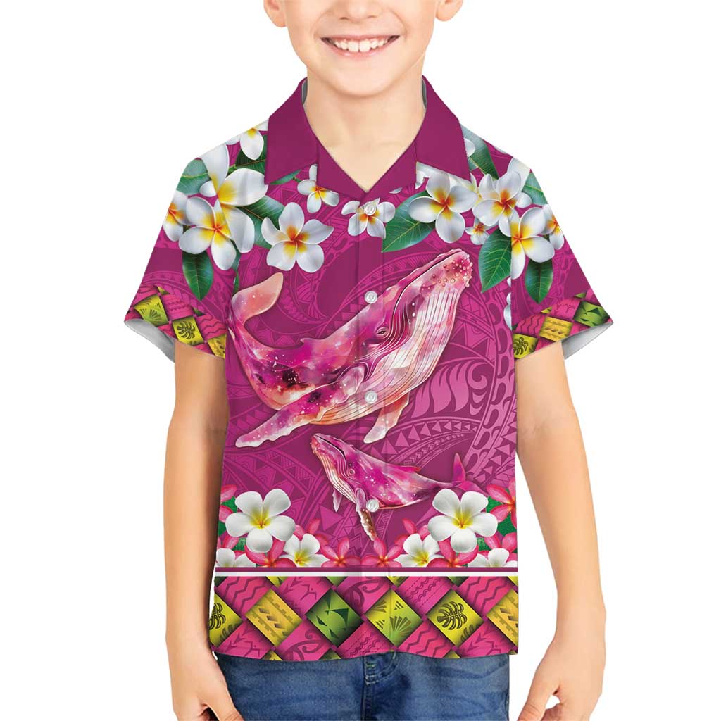 Hawaiian Plumeria and Humpback Whales Family Matching Puletasi and Hawaiian Shirt Polynerian Art Tattoo-Plum Pink Color
