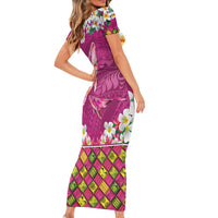 Hawaiian Plumeria and Humpback Whales Family Matching Short Sleeve Bodycon Dress and Hawaiian Shirt Polynerian Art Tattoo-Plum Pink Color