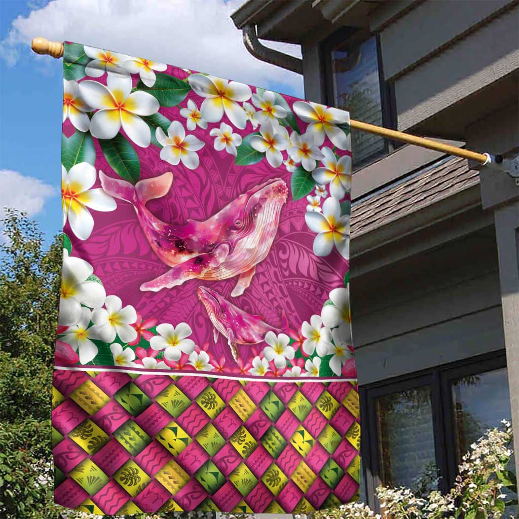 Hawaiian Plumeria and Humpback Whales Garden Flag Polynerian Art Tattoo-Plum Pink Color