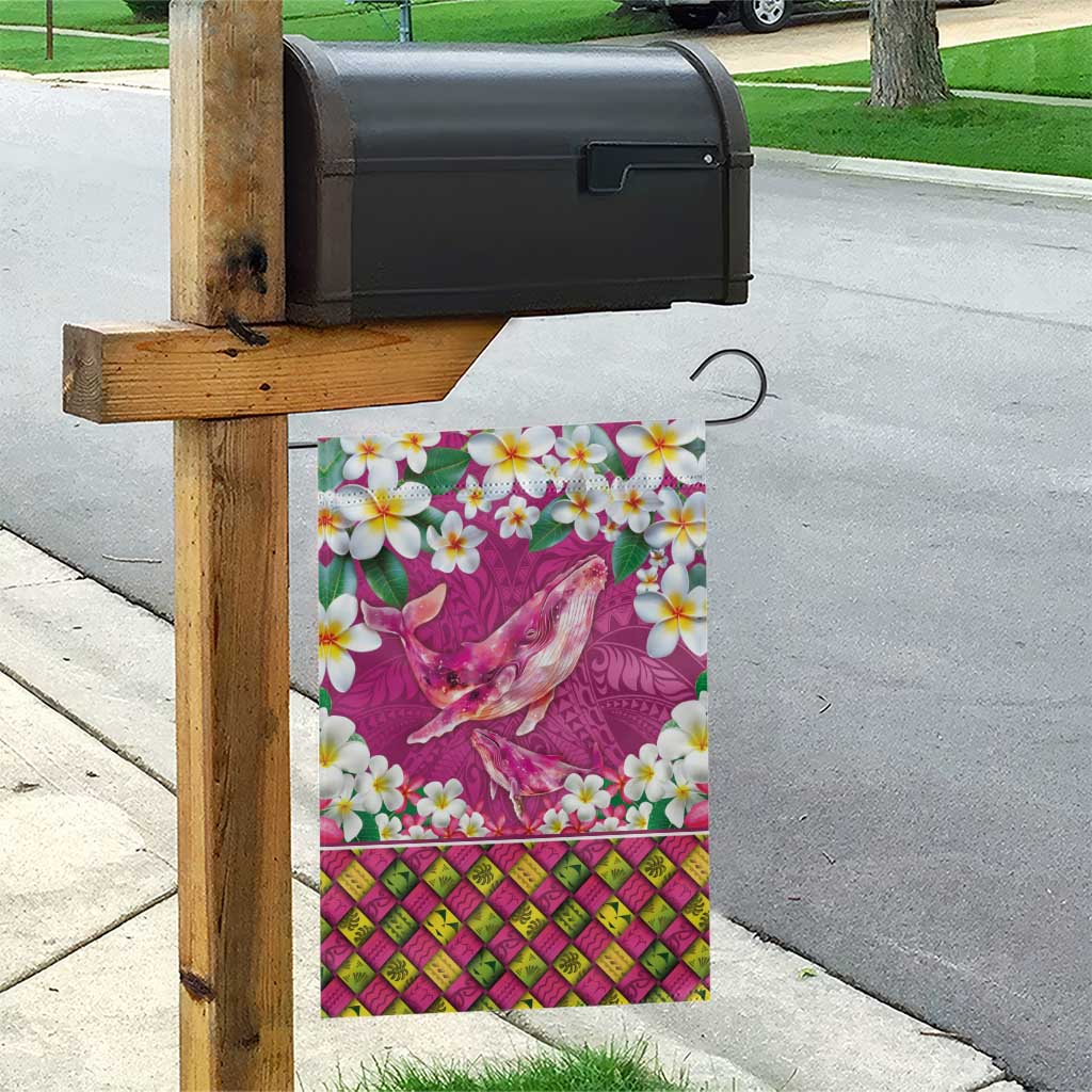 Hawaiian Plumeria and Humpback Whales Garden Flag Polynerian Art Tattoo-Plum Pink Color