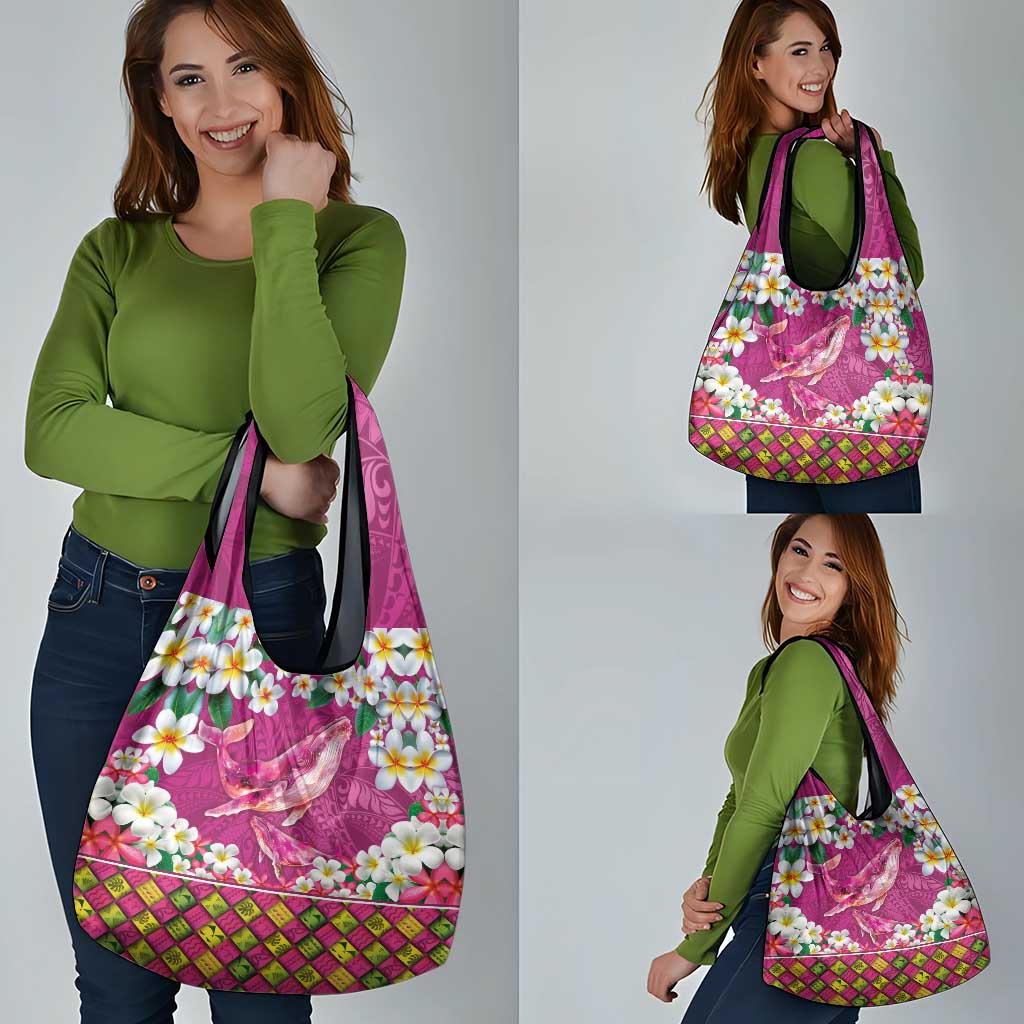 Hawaiian Plumeria and Humpback Whales Grocery Bag Polynerian Art Tattoo-Plum Pink Color