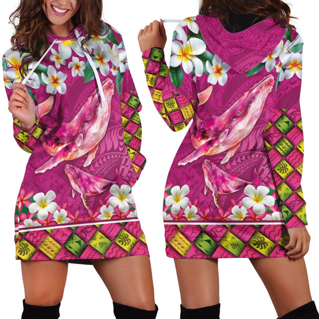 Hawaiian Plumeria and Humpback Whales Hoodie Dress Polynerian Art Tattoo-Plum Pink Color