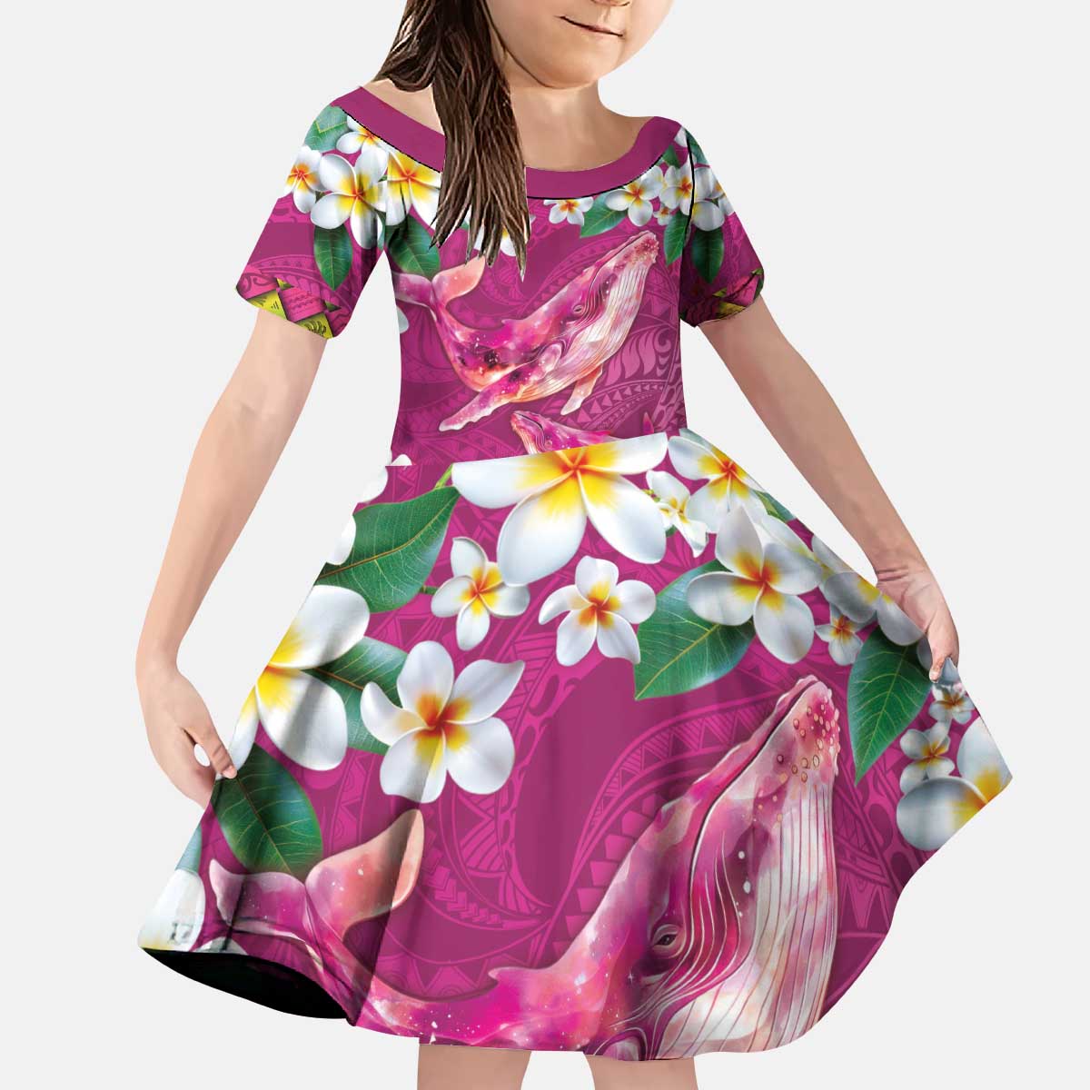 Hawaiian Plumeria and Humpback Whales Kid Short Sleeve Dress Polynerian Art Tattoo-Plum Pink Color