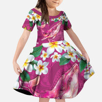 Hawaiian Plumeria and Humpback Whales Kid Short Sleeve Dress Polynerian Art Tattoo-Plum Pink Color