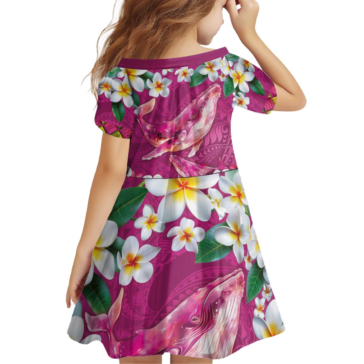 Hawaiian Plumeria and Humpback Whales Kid Short Sleeve Dress Polynerian Art Tattoo-Plum Pink Color