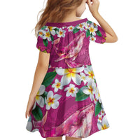 Hawaiian Plumeria and Humpback Whales Kid Short Sleeve Dress Polynerian Art Tattoo-Plum Pink Color
