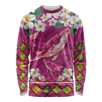 Hawaiian Plumeria and Humpback Whales Long Sleeve Shirt Polynerian Art Tattoo-Plum Pink Color