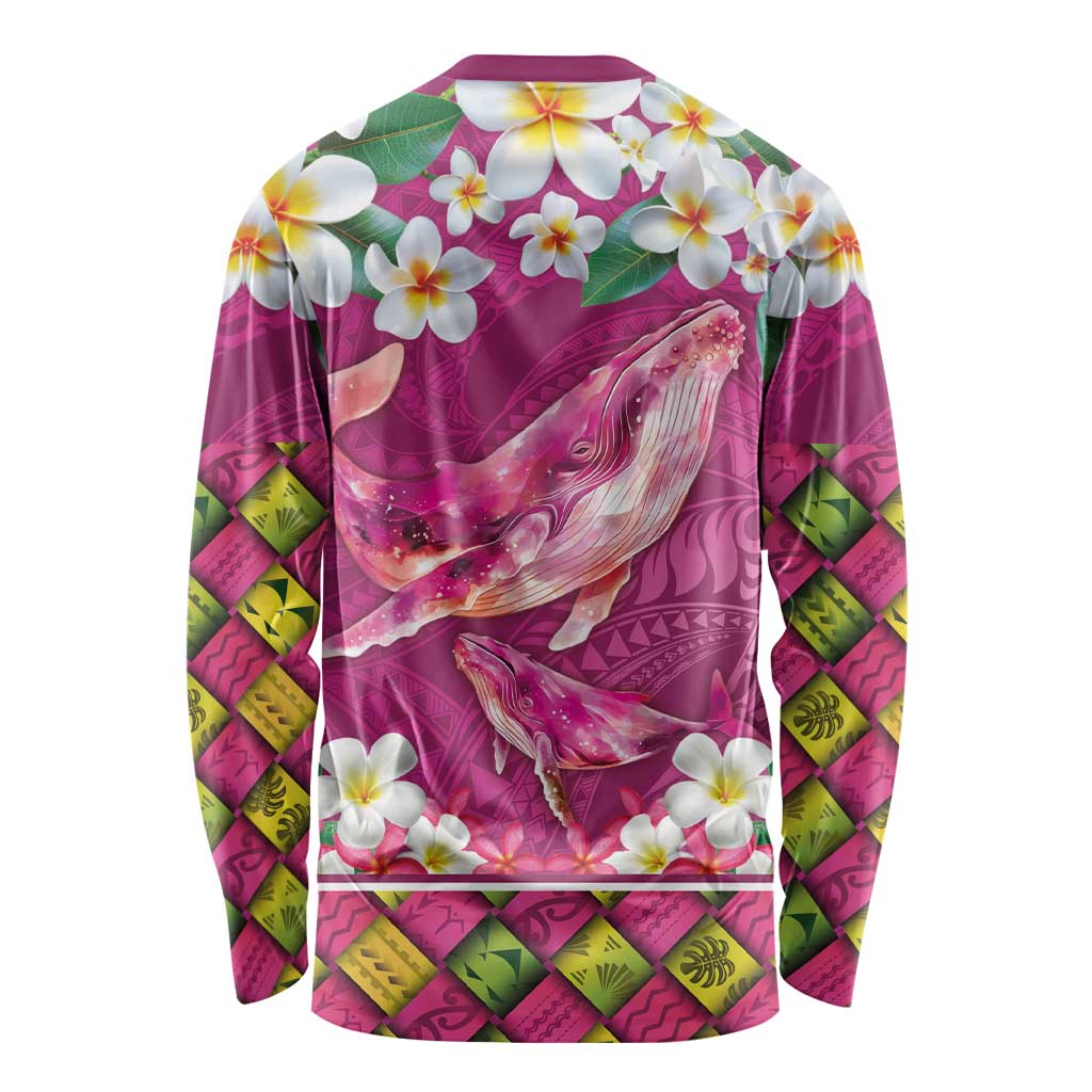 Hawaiian Plumeria and Humpback Whales Long Sleeve Shirt Polynerian Art Tattoo-Plum Pink Color