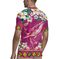Hawaiian Plumeria and Humpback Whales Rugby Jersey Polynerian Art Tattoo-Plum Pink Color