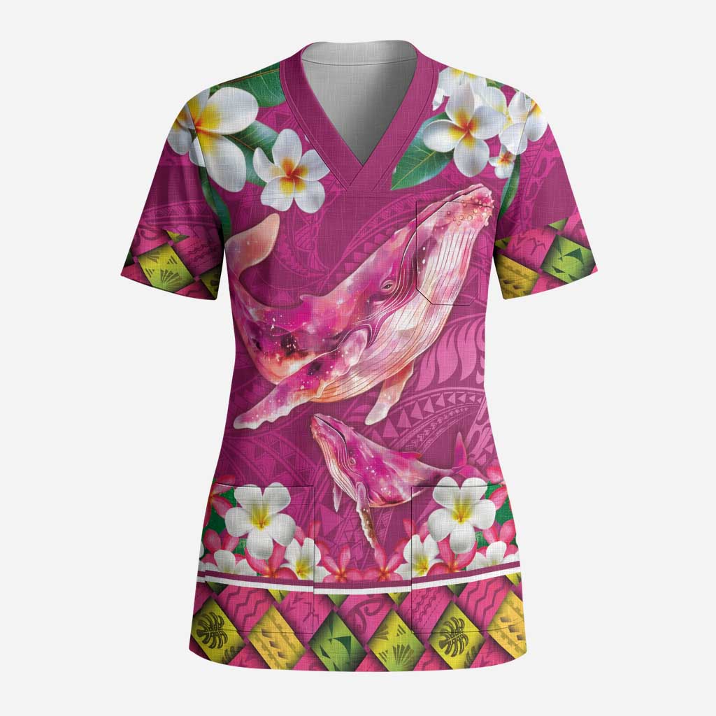 Hawaiian Plumeria and Humpback Whales Scrub Top Polynerian Art Tattoo-Plum Pink Color - Polynesian Pride