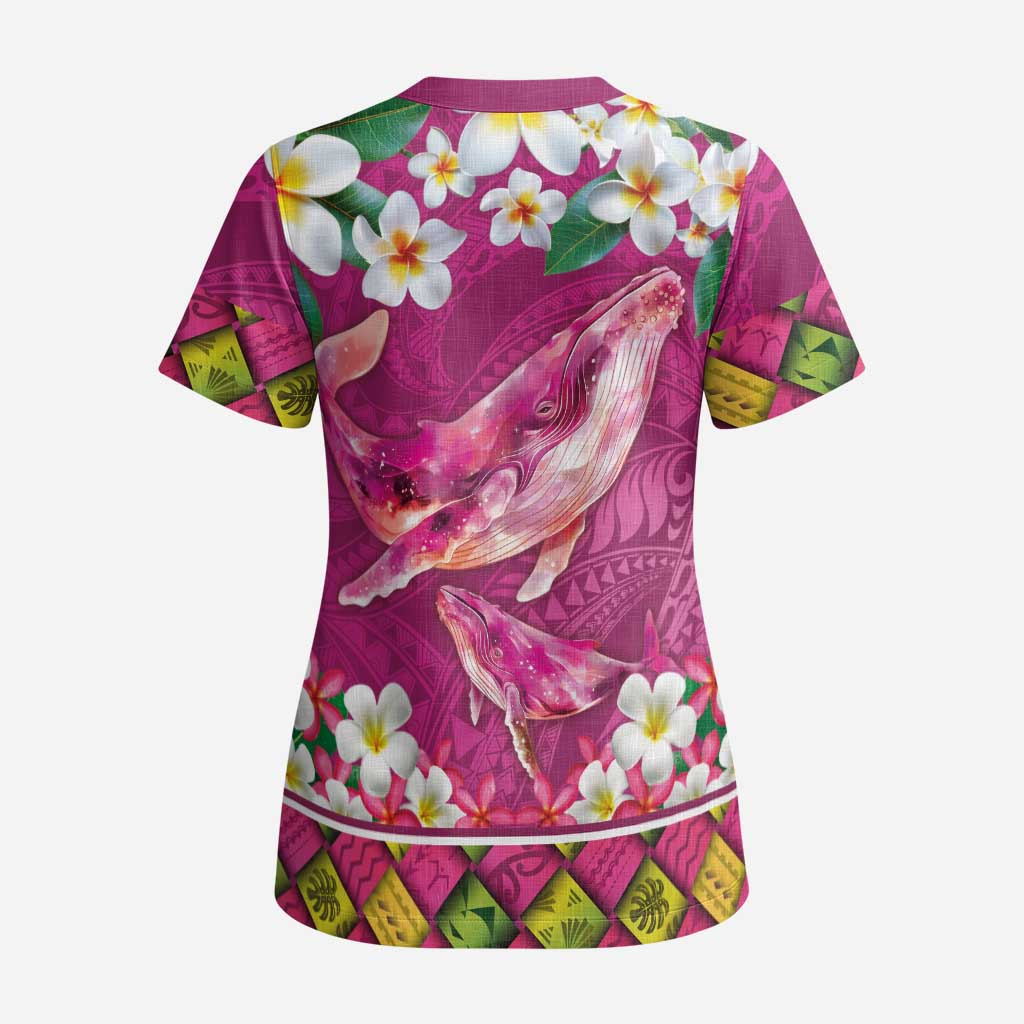 Hawaiian Plumeria and Humpback Whales Scrub Top Polynerian Art Tattoo-Plum Pink Color - Polynesian Pride