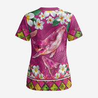 Hawaiian Plumeria and Humpback Whales Scrub Top Polynerian Art Tattoo-Plum Pink Color - Polynesian Pride