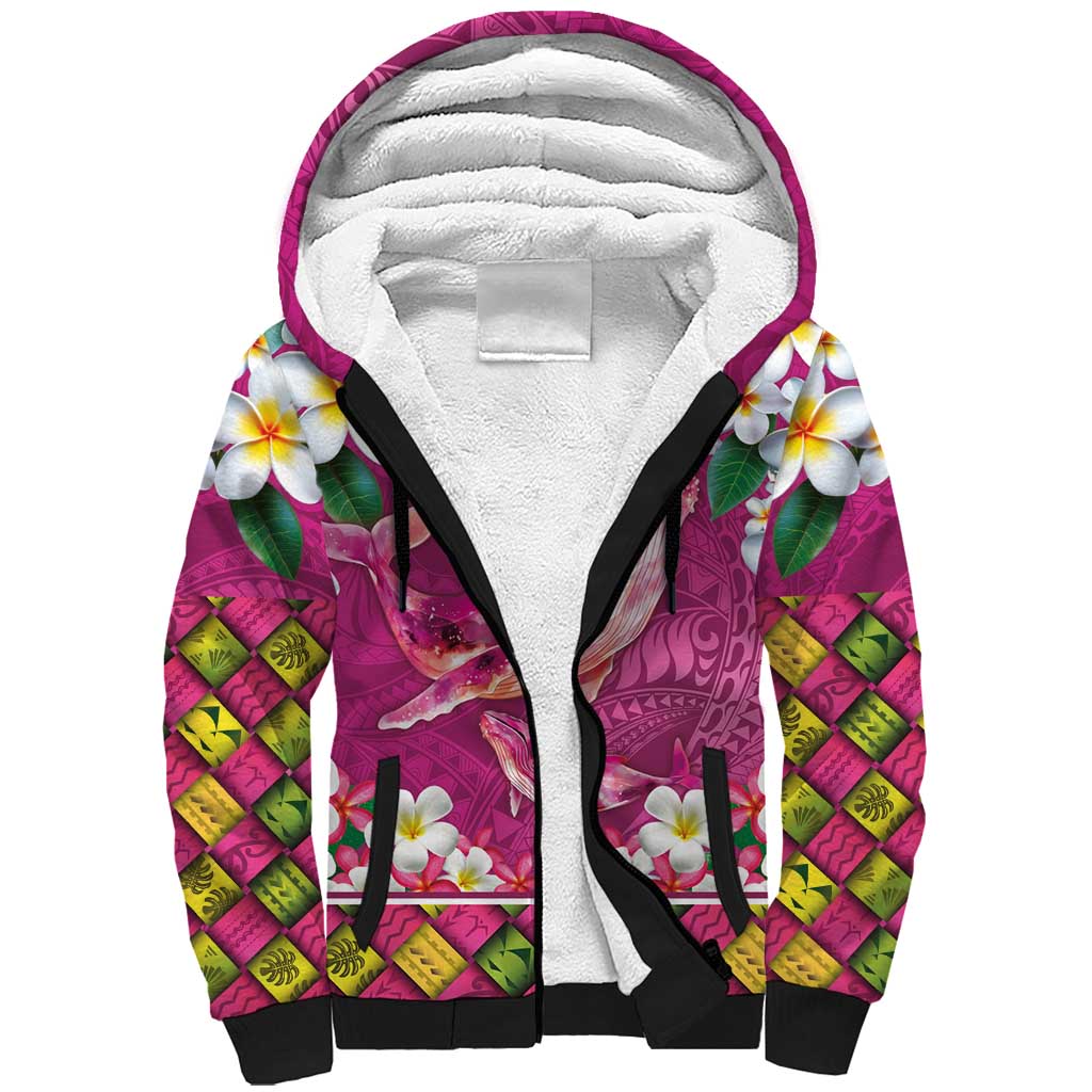 Hawaiian Plumeria and Humpback Whales Sherpa Hoodie Polynerian Art Tattoo-Plum Pink Color