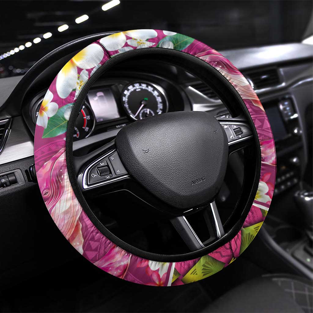 Hawaiian Plumeria and Humpback Whales Steering Wheel Cover Polynerian Art Tattoo-Plum Pink Color