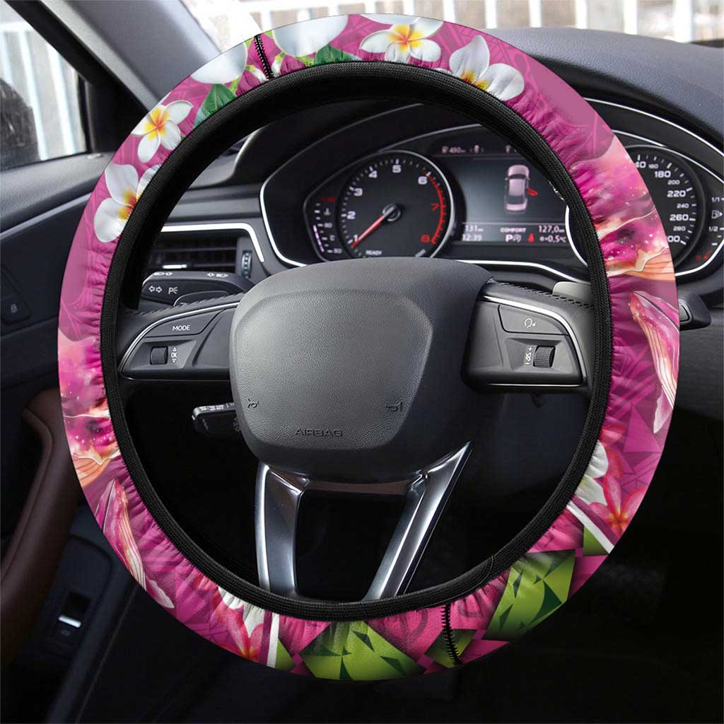 Hawaiian Plumeria and Humpback Whales Steering Wheel Cover Polynerian Art Tattoo-Plum Pink Color