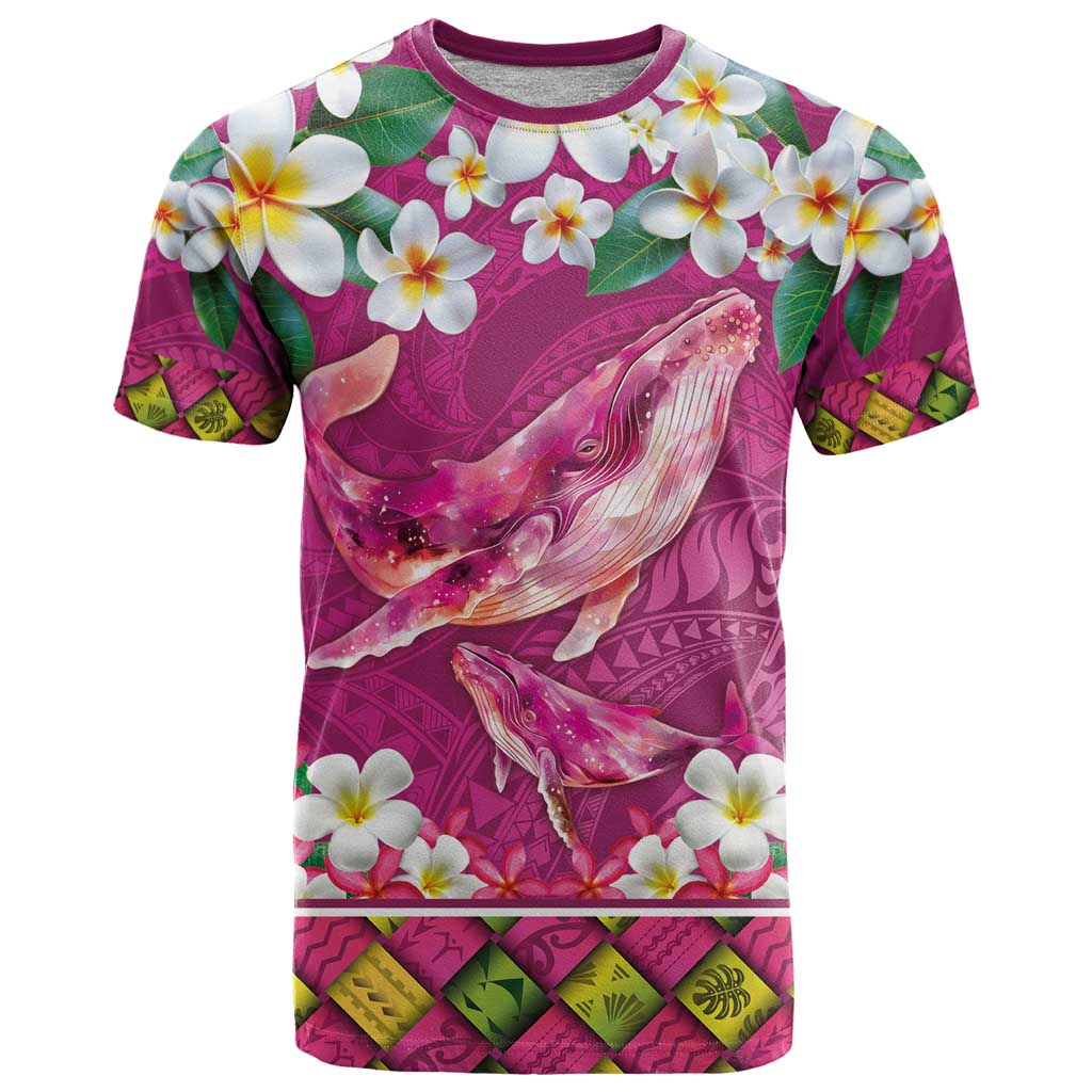 Hawaiian Plumeria and Humpback Whales T Shirt Polynerian Art Tattoo-Plum Pink Color