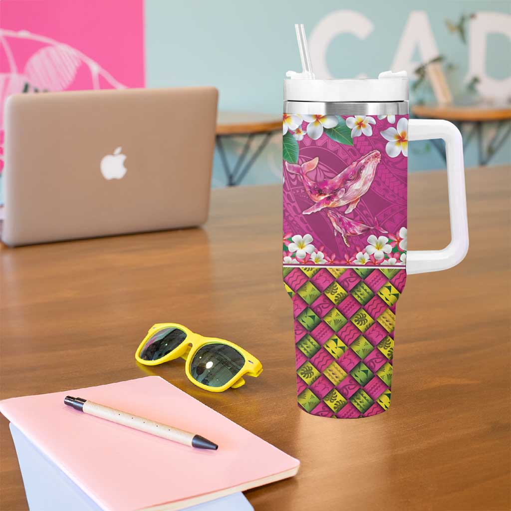 Hawaiian Plumeria and Humpback Whales Tumbler With Handle Polynerian Art Tattoo-Plum Pink Color